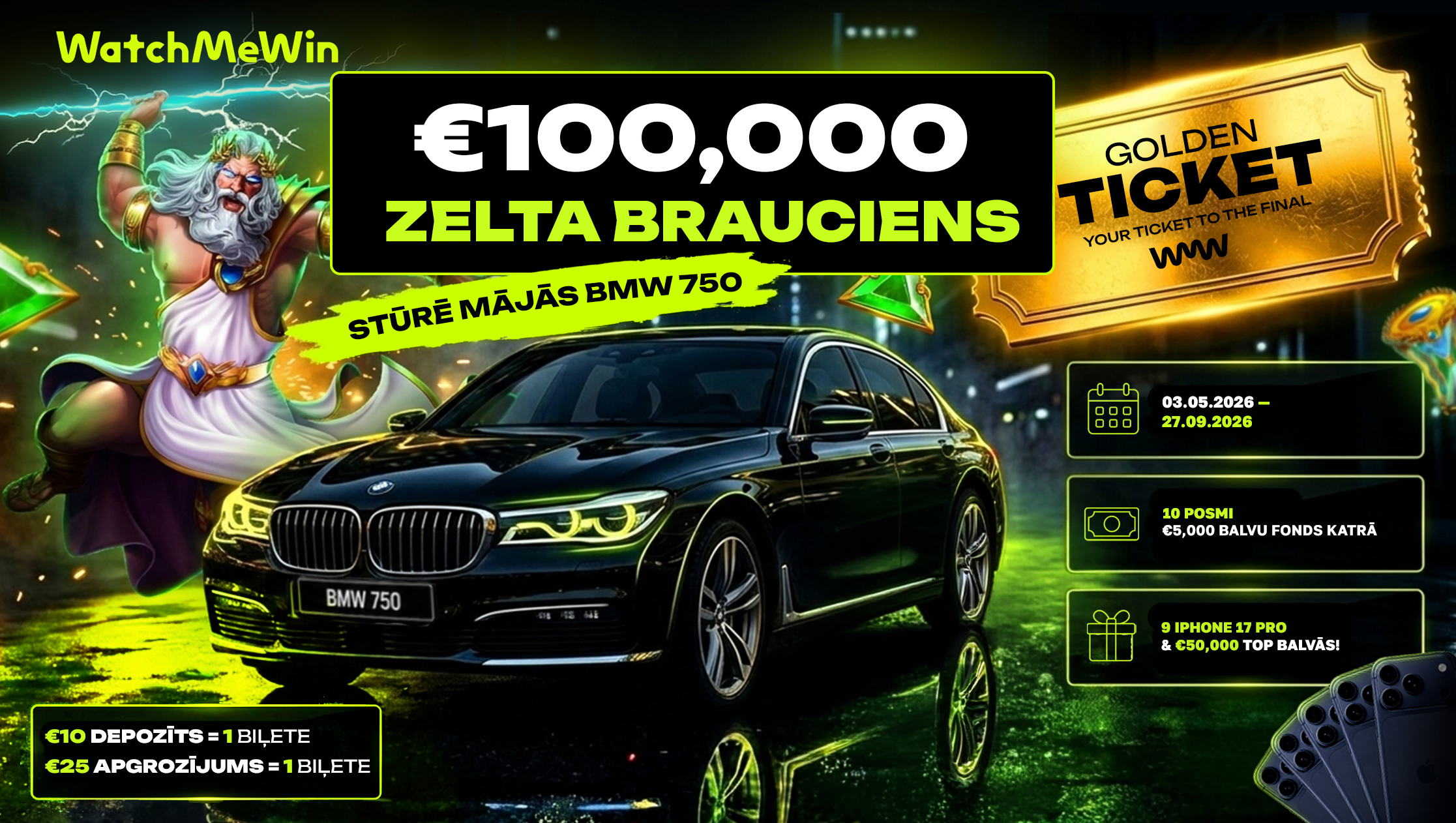 WatchMeWin kazino startē €100,000 Zelta braucienu līdz BMW 750
